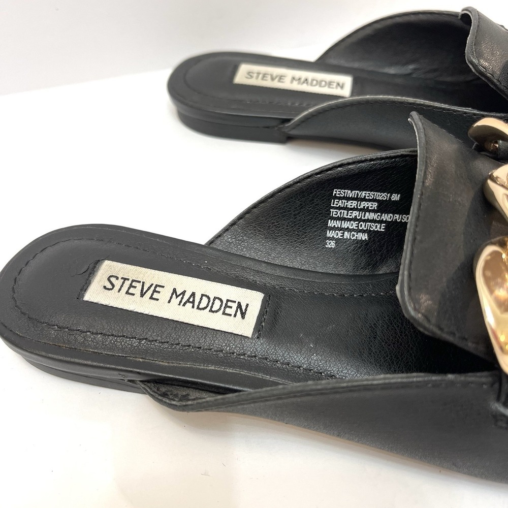 Steve Madden Slip On Black Flat Mule With Gold Chain Leather Size 6 - Picture 6 of 7